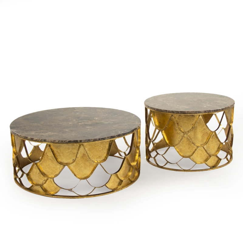 Gold Leaf Nested Tables with Brown Marble Top