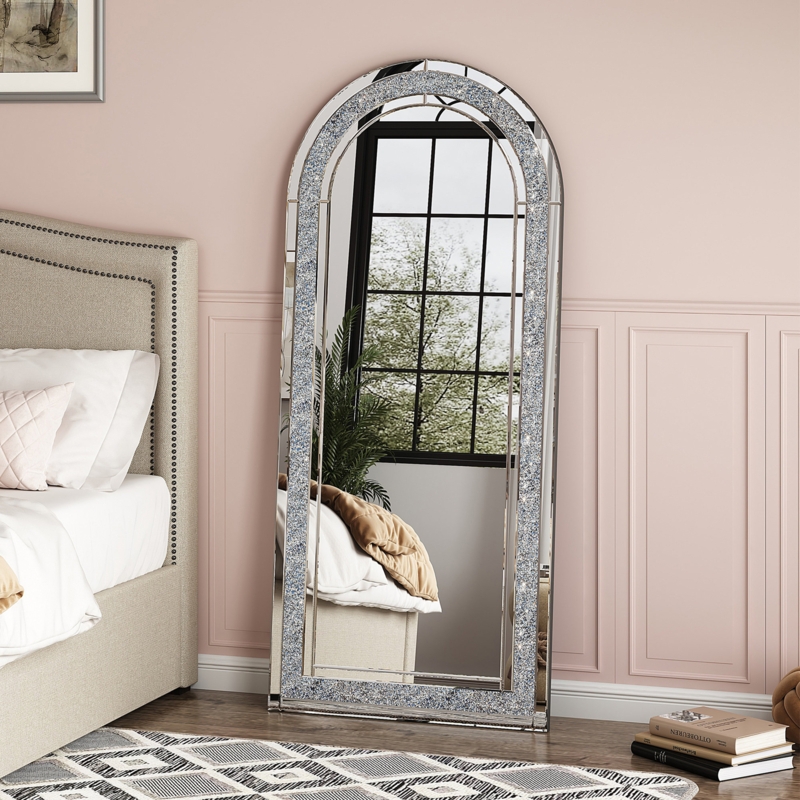 Arched-Top Full Length Floor Mirror with Crushed Diamond Frame