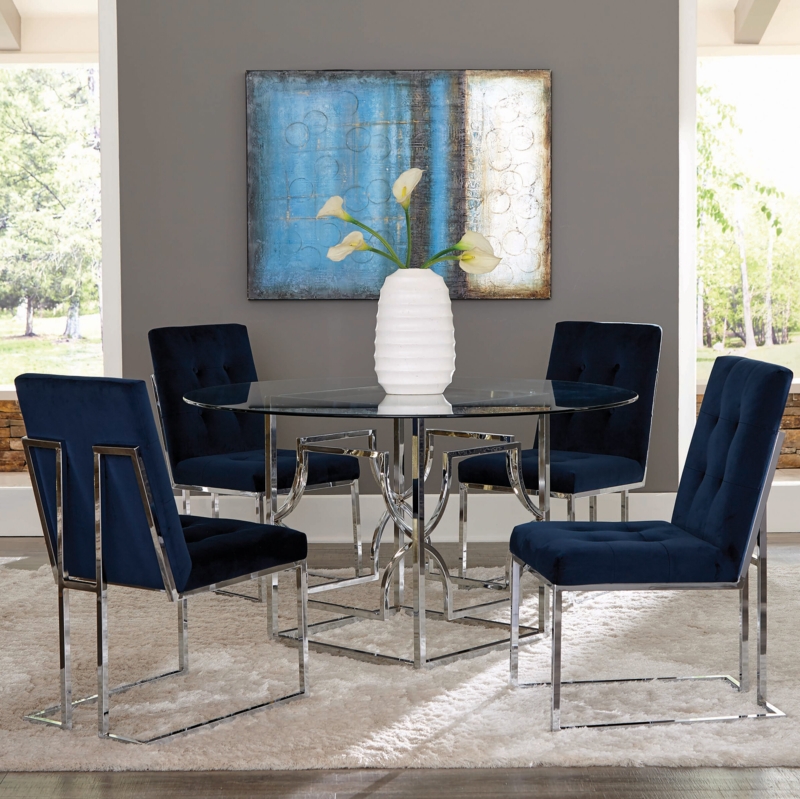 Metallic Dining Table Base with Glass Top and Chairs