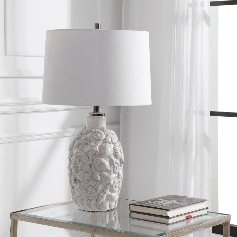 White Ceramic Table Lamp with Seashell and Starfish Details