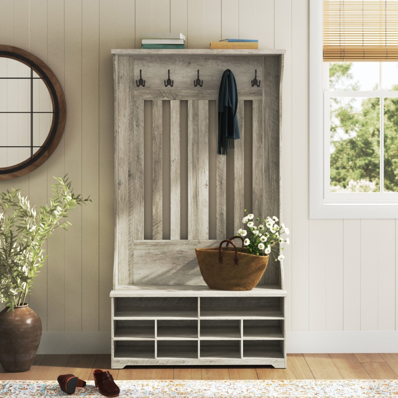 Shaker Cottage Tray Shelf Coat Hook With Cabinet Bench Ivory - Transitional  - Hall Trees - by Forest Grass