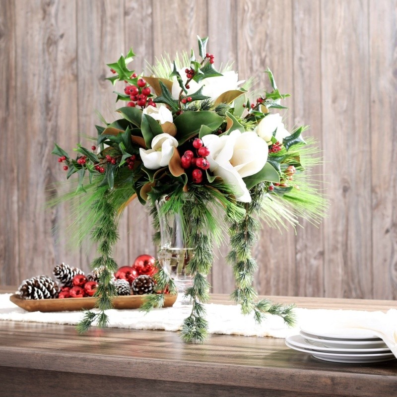 Christmas Holly and Pine Magnolia, Berry Floral Arrangements in Vase
