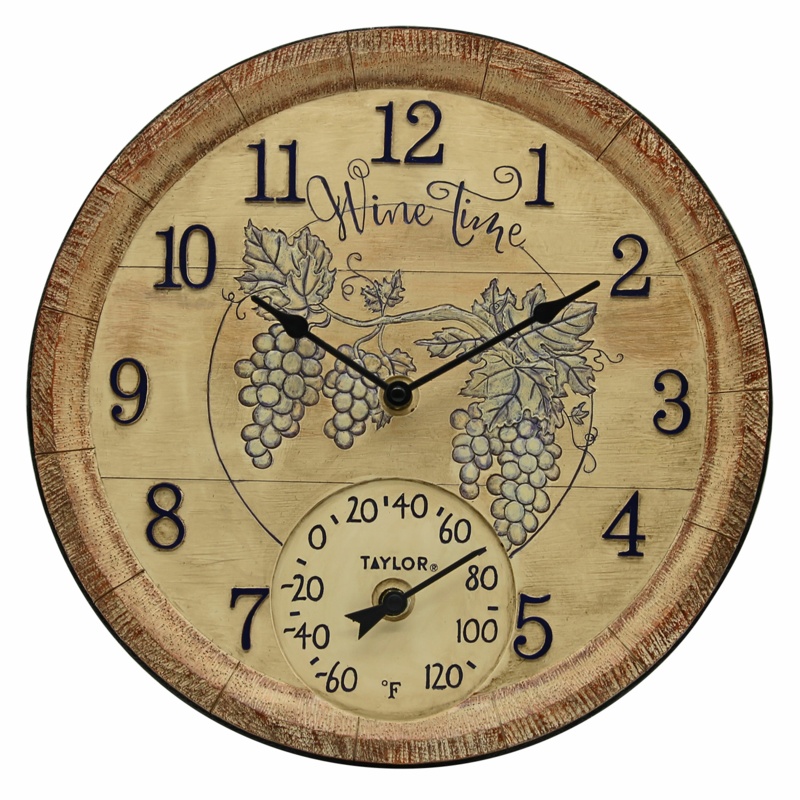 Wine Time 14" Poly Resin Clock with Thermometer
