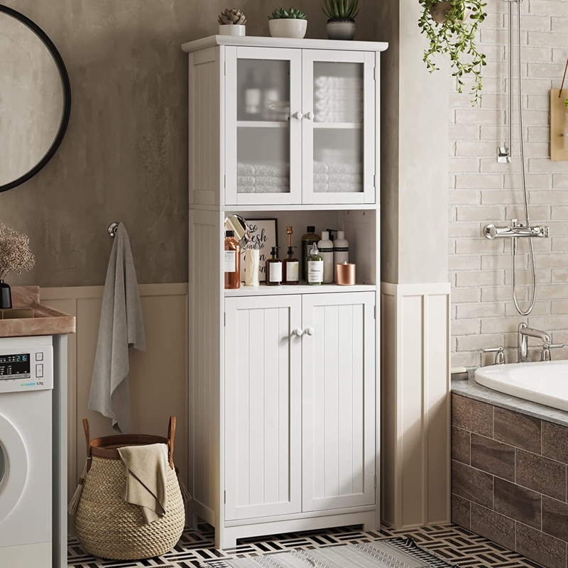 Tall Bathroom Storage Cabinet with Glass Doors