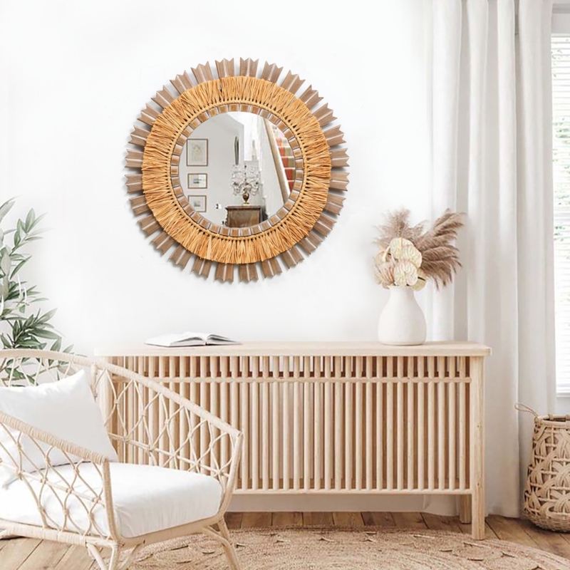 Boho-Style Layered Wood and Raffia Wall Mirror