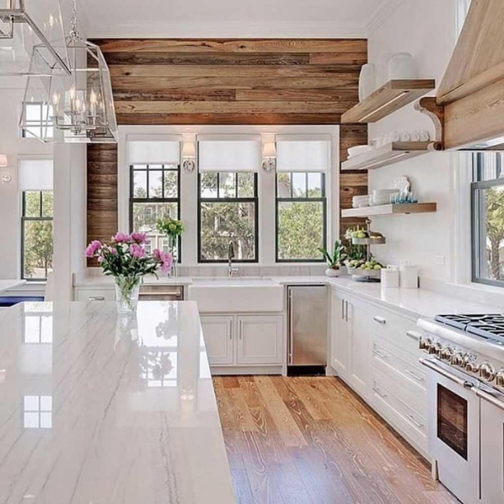 White kitchen with on sale accent wall