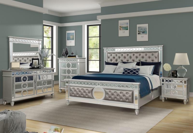 Luxurious Upholstered Bedroom Set with Clear Mirror Accents