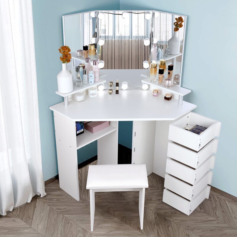 Curved Vanity Desk with Mirror and Lights