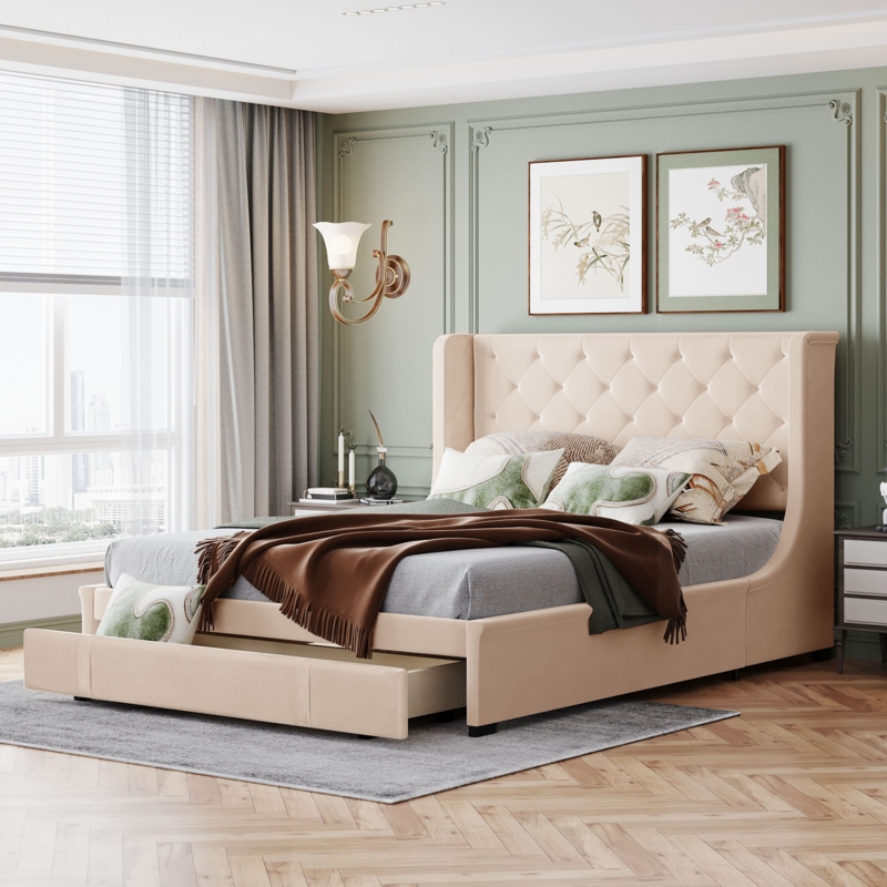 Upholstered Platform Bed with Wingback Headboard
