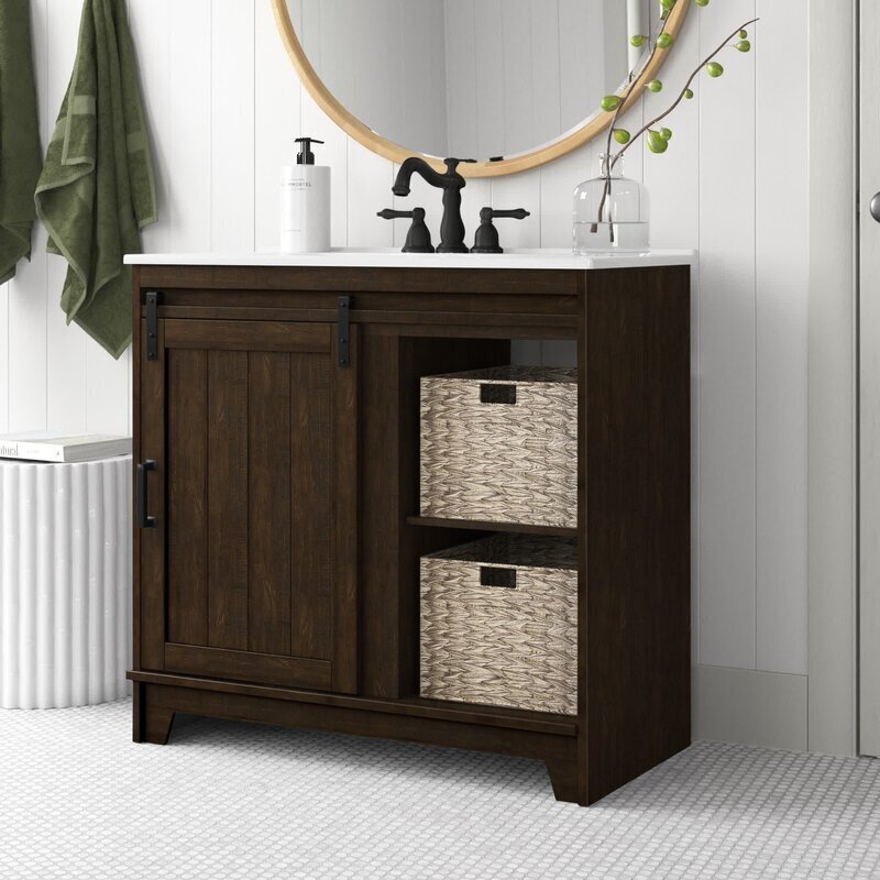 Dark Wood Bathroom Cabinet Vanity with Shelves