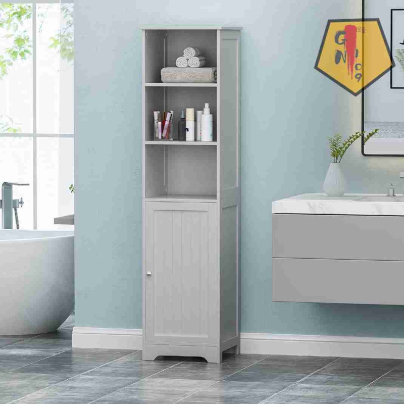 Bathroom Linen Tower with Enclosed and Open Shelves