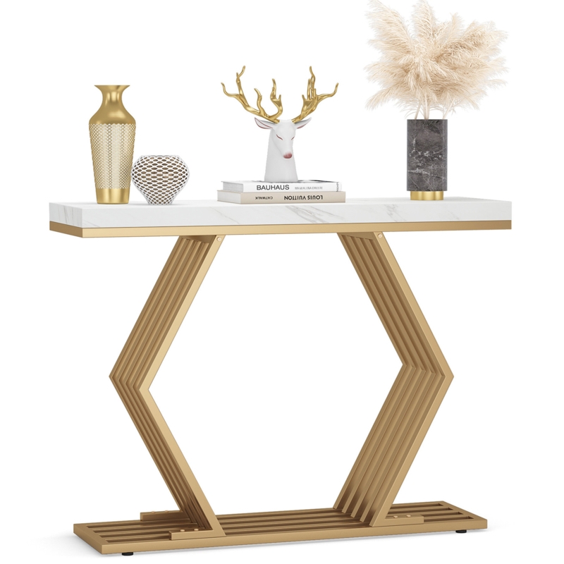 Faux Marble and Geometric Metal Console Table