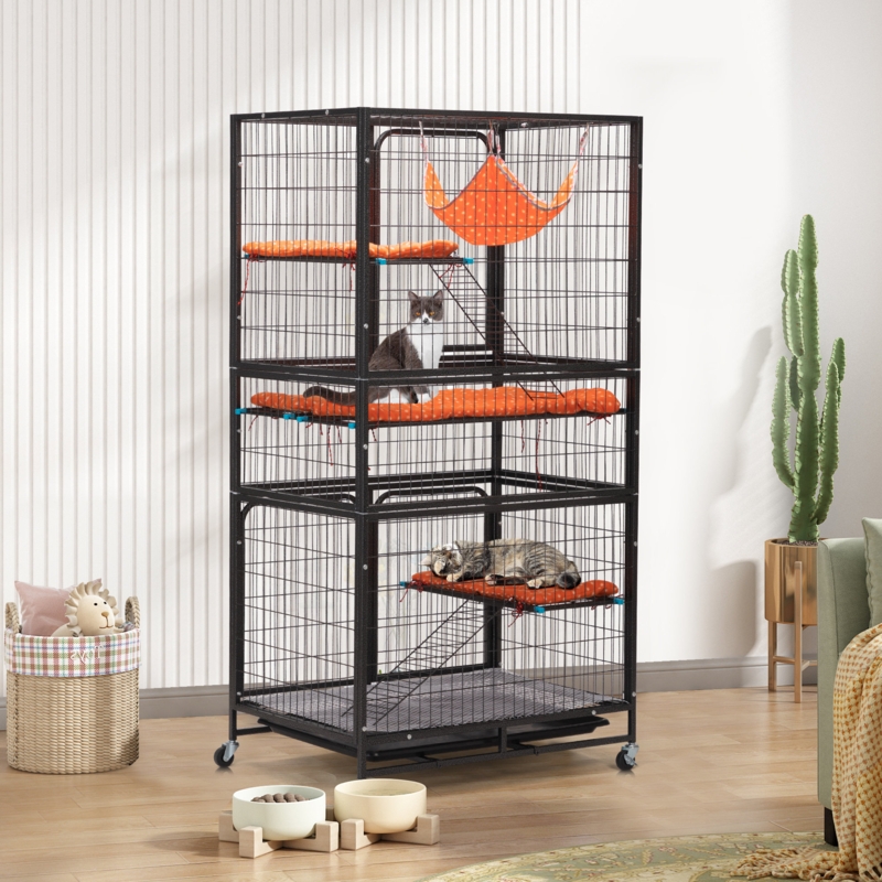 Multi-Level Pet Cage with Hammock and Perch Shelves