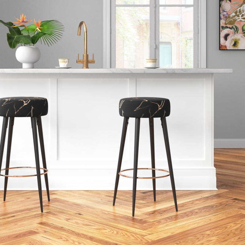 Set of Two Velvet Counter Stools with Gold Accents