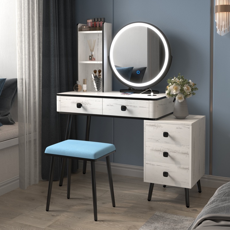 Round Swivel Cosmetic Mirror with Vanity Desk
