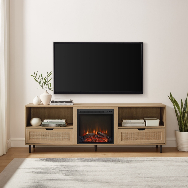 Coastal Rattan-Door Fireplace TV Stand