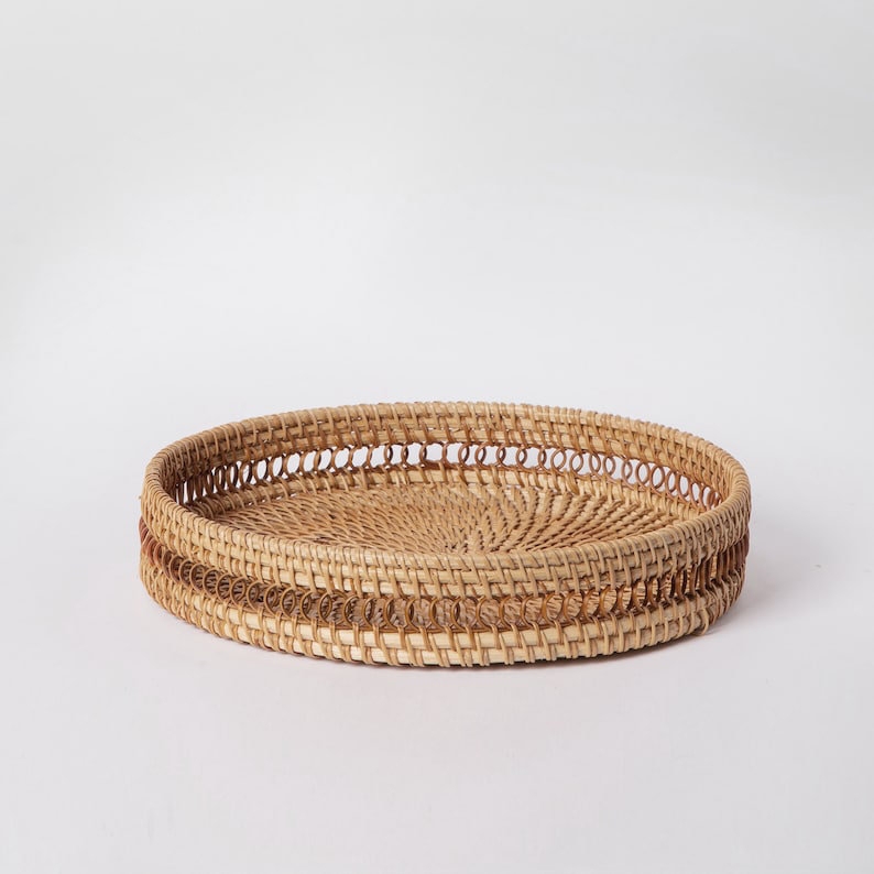 Round Rattan Serving Tray with Handles