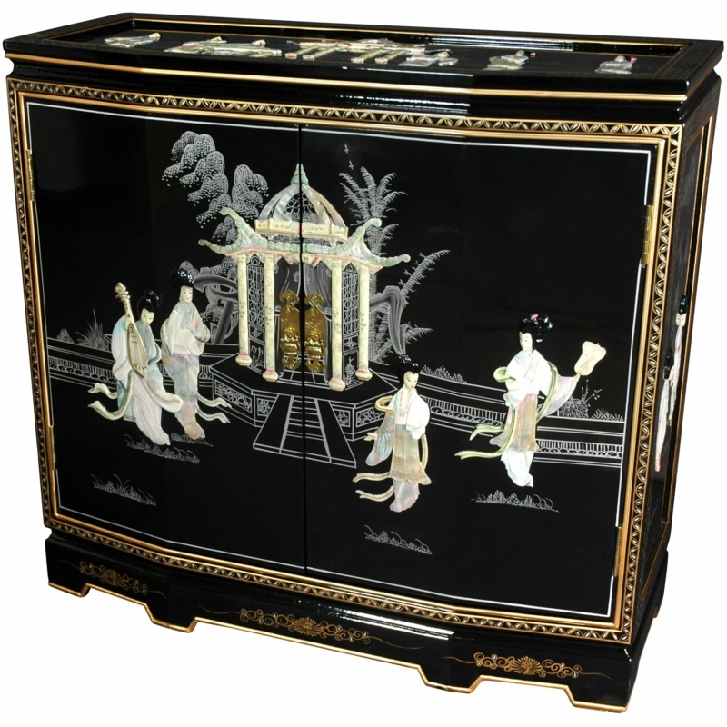 Lacquer Slant Front Cabinet with Hand-Carved Mother-of-Pearl