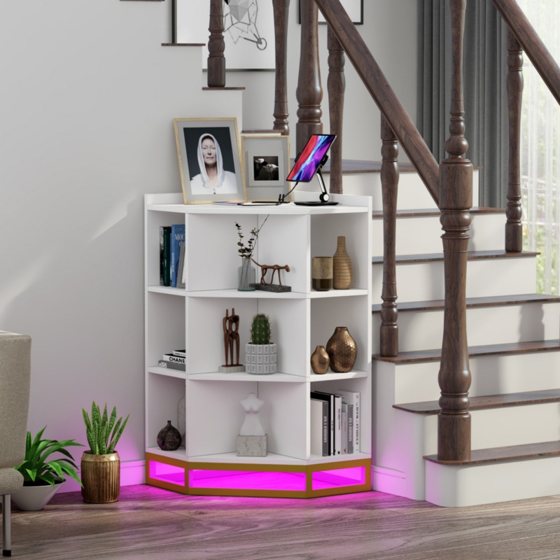Corner Storage Bookshelf with USB Ports and Ambient Light
