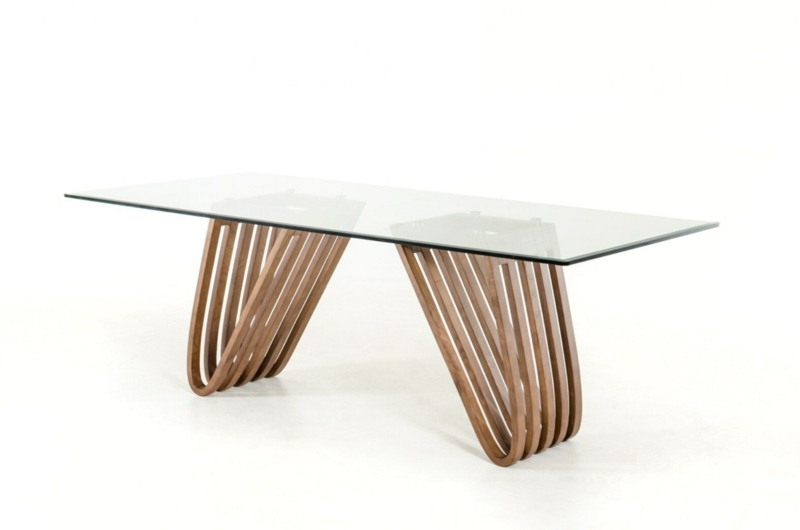 Rectangular Glass Top Dining Table with Walnut Base