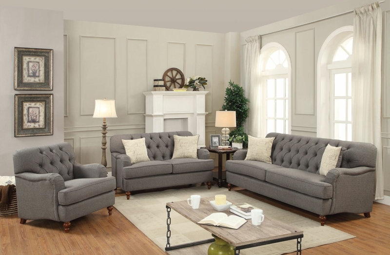 3 Piece Linen Living Room Set with Diamond Tufting