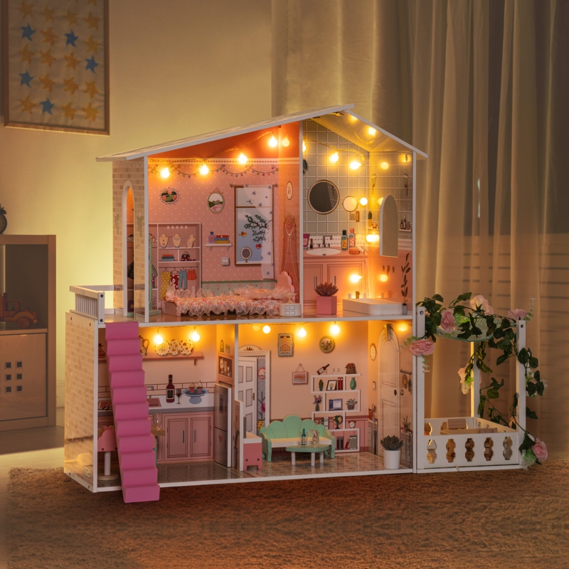 Wooden Doll House Toy with 16 Piece Doll-House Furniture Set –