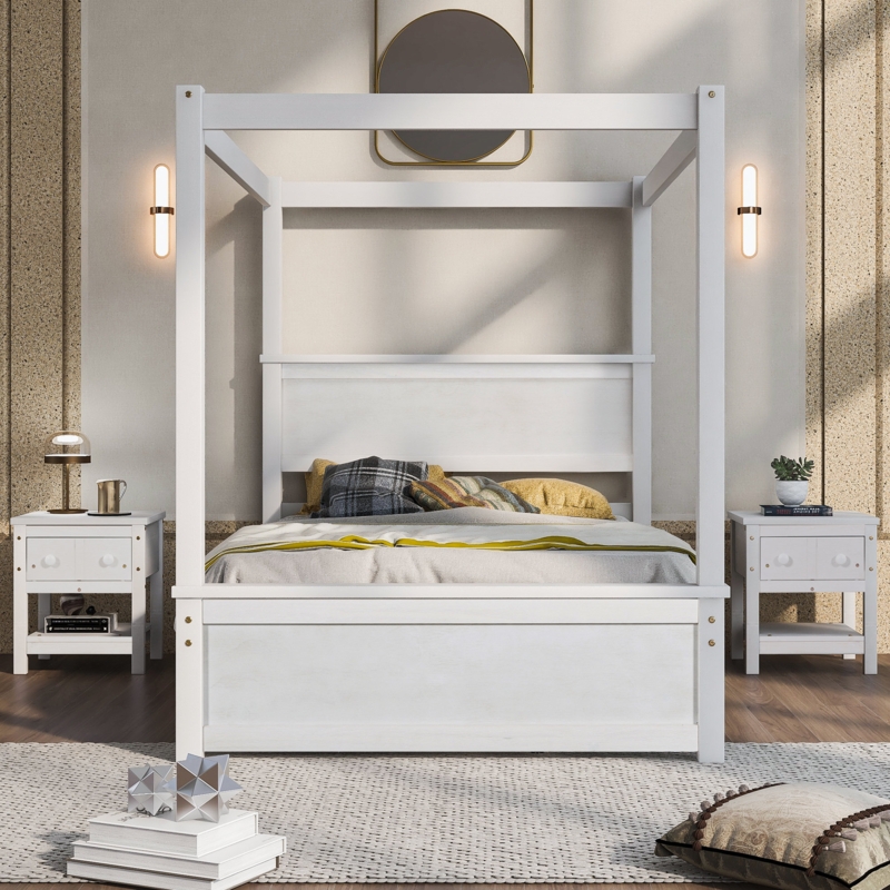 Modern Canopy Bed Frame with Nightstand