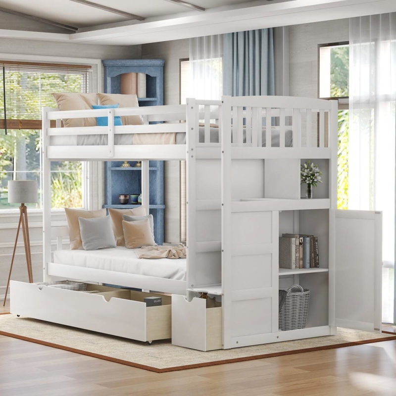 Kids Bunk Bed with Stairway and Storage