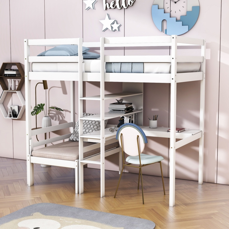 Loft Bed with Convertible Seat and Built-in Desk