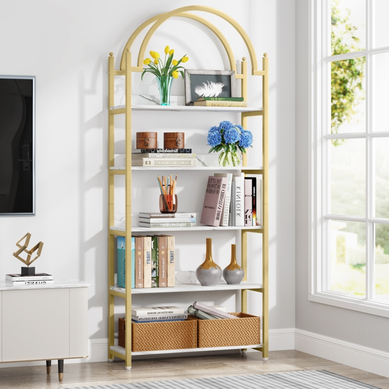 Etagere Bookcase with White Faux Marble Shelves