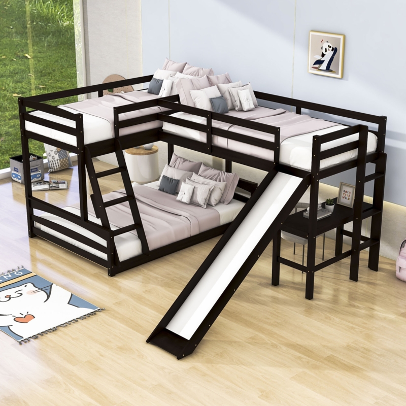 L-Shaped Bunk Bed with Desk and Slide