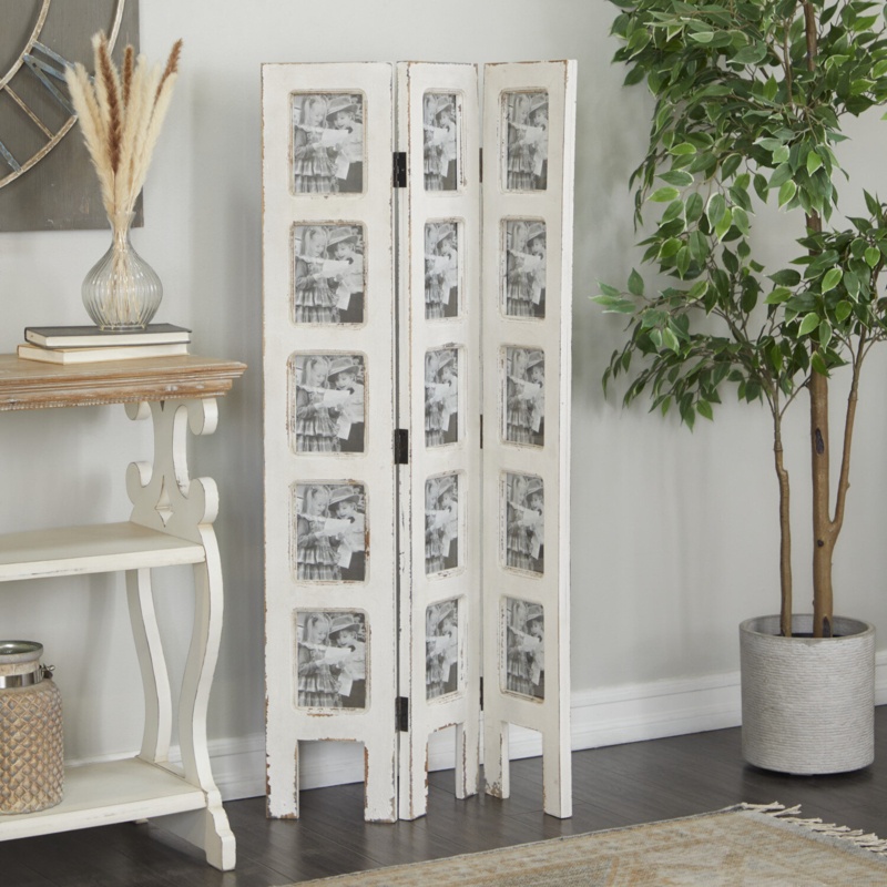 Ervin White Wood Hinged Foldable Partition 3 Panel Room Divider Screen, Photo Slots 27" x 1" x 51"