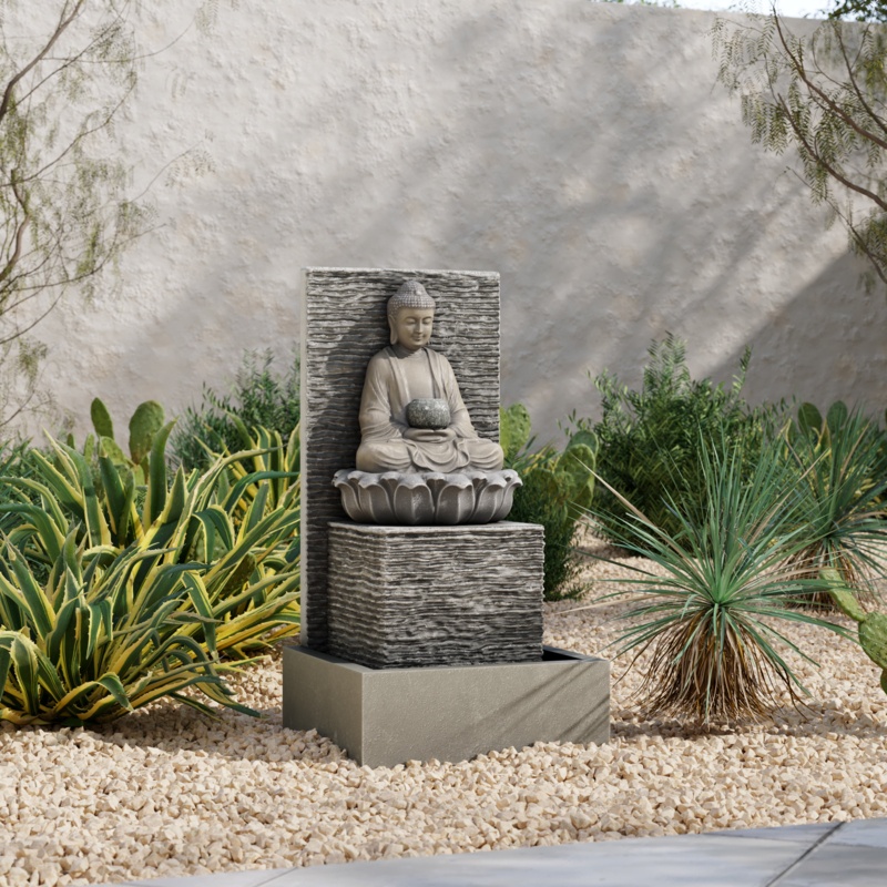Eslick Resin Buddha with Pedestal Patio Fountain with LED Light