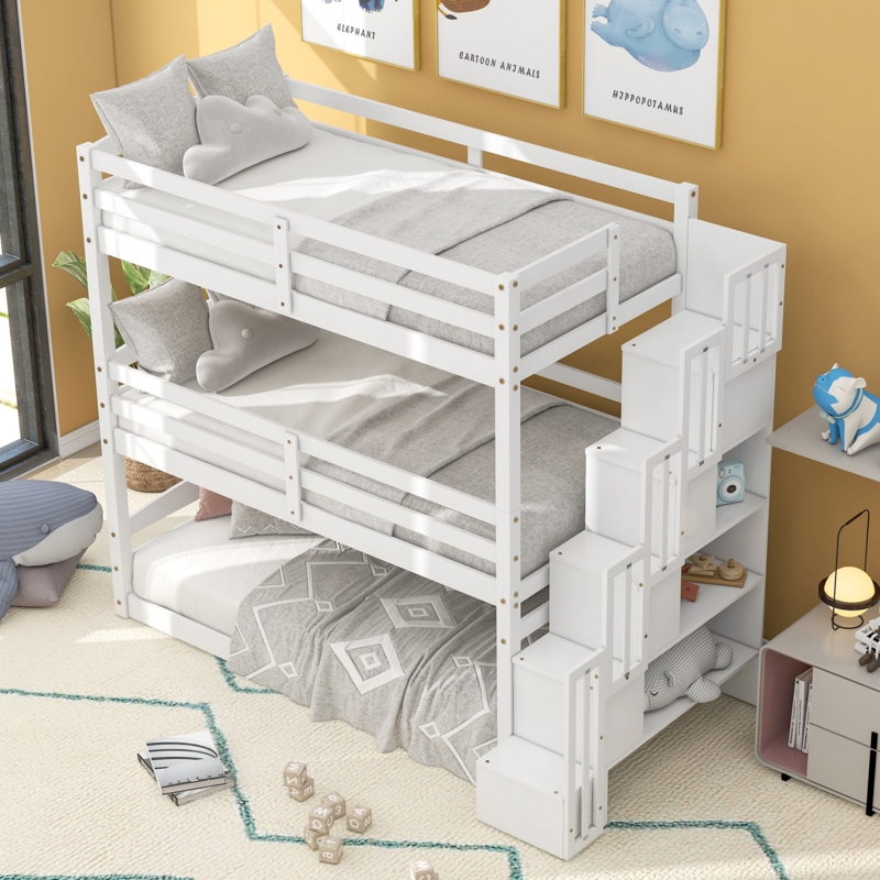 Triple-Tier Bunk Bed with Built-in Storage Stairs