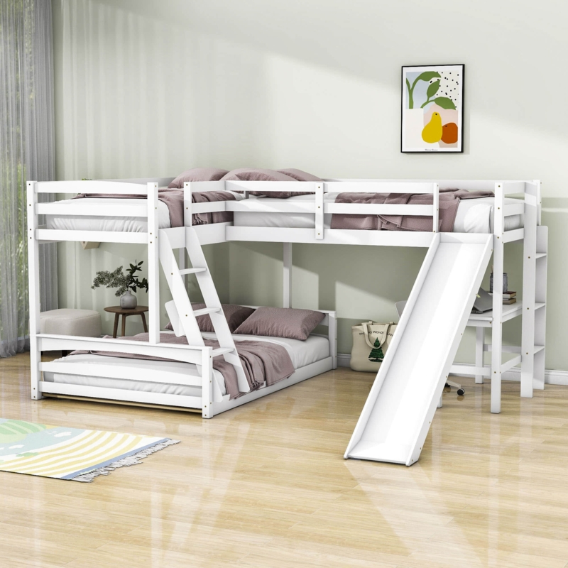 L-Shaped Bunk Bed with Built-in Desk and Slide