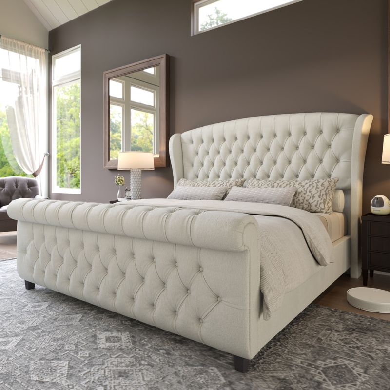 Button-Tufted Upholstered Sleigh Bed