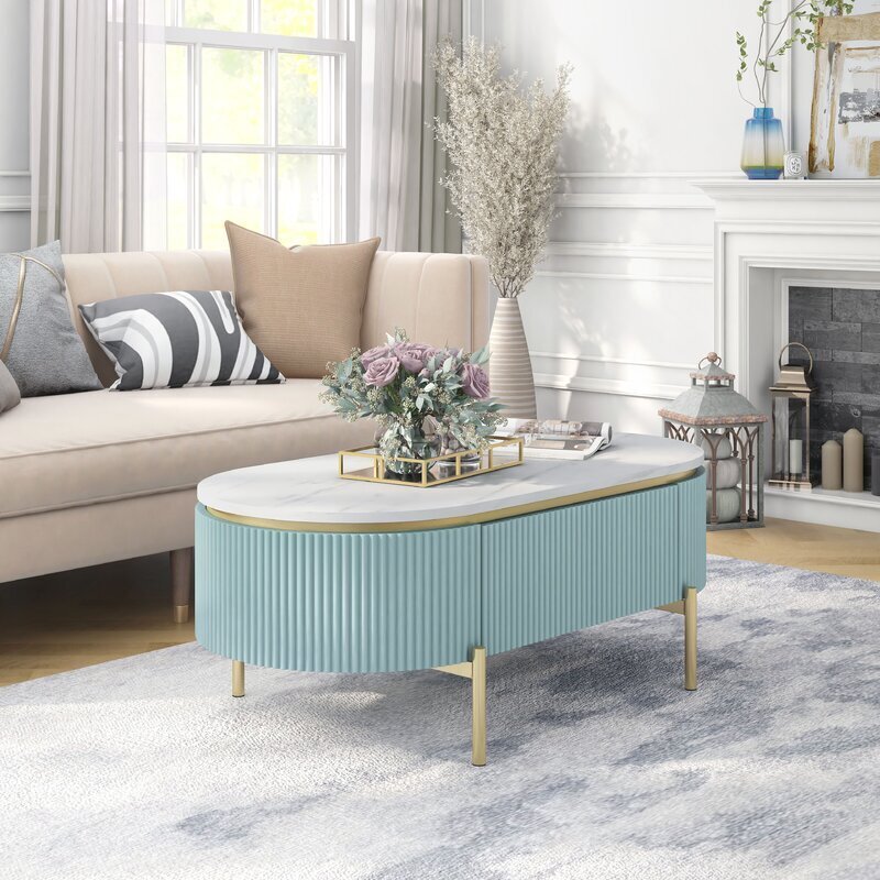 Faux Marble Top Oval Coffee Table With Storage