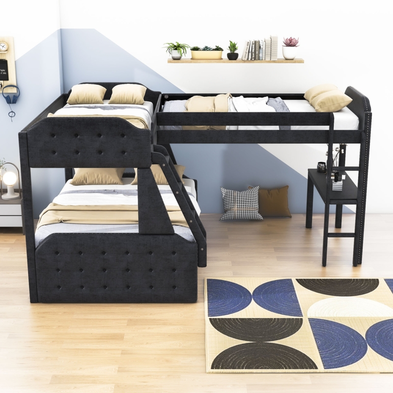 Upholstered Bunk Bed with Built-In Desk