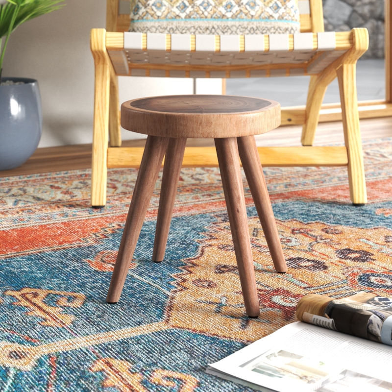 Natural Wooden Accent Stool with Tree Line Seat