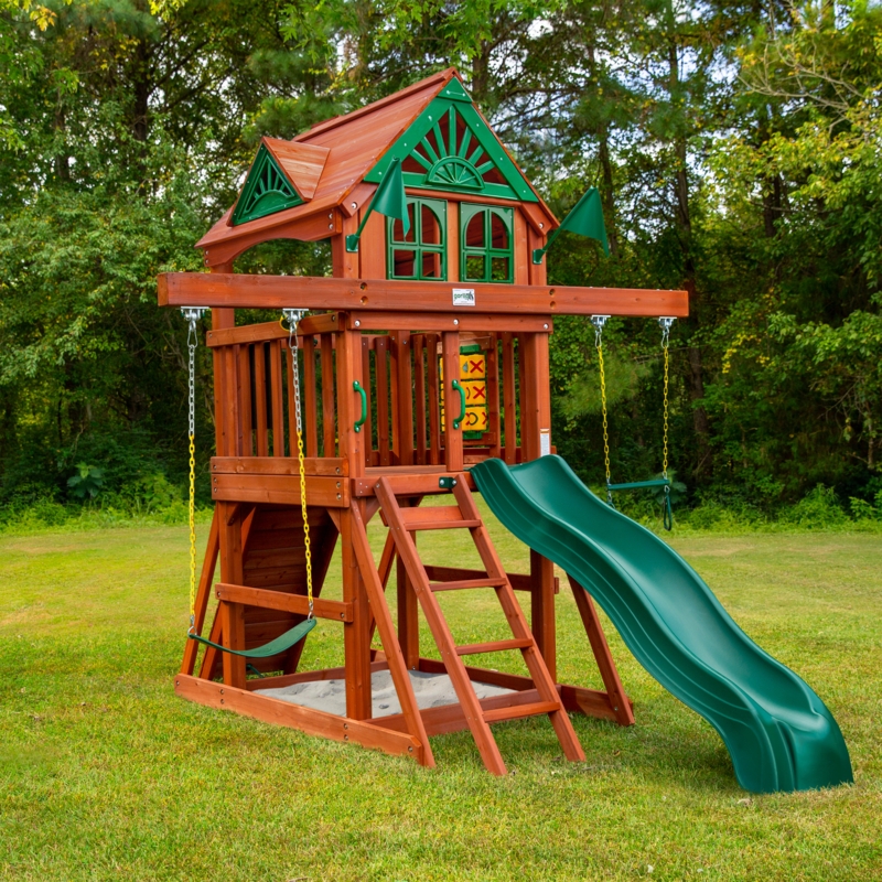 Compact Swing Set with Wood Roof and Accessories