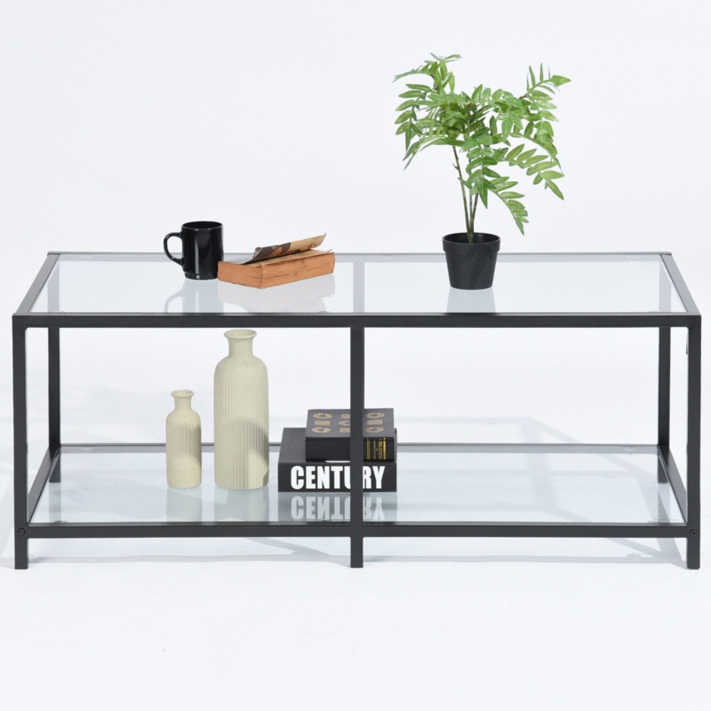 High-Profile Black Metal and Glass Coffee Table