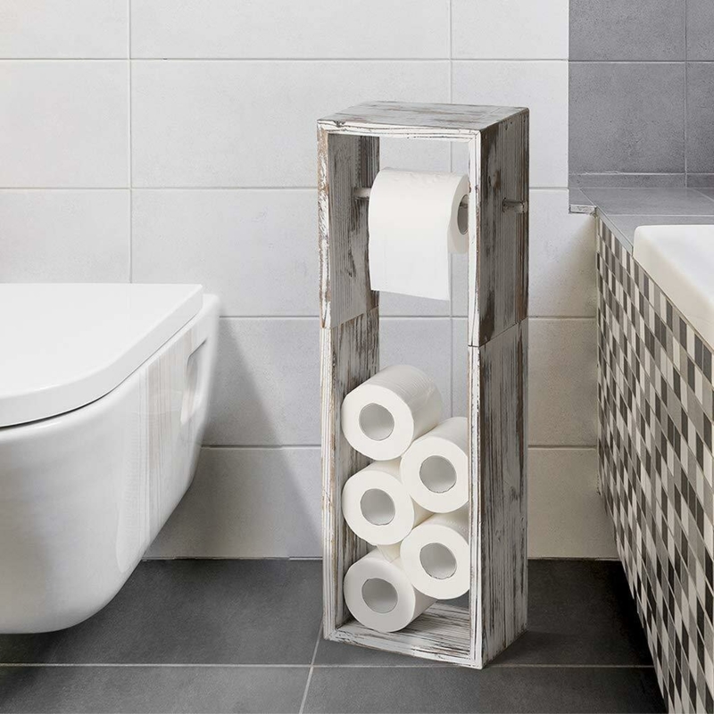 Freestanding Wooden Toilet Paper Holder with Storage