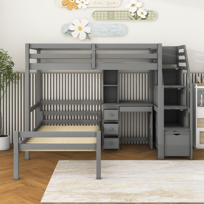 Twin Loft Bed with Drawers, Shelf, and Desk