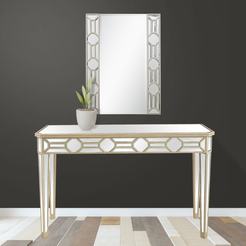 Octagonal Mirrored Console Table with Gold Trim