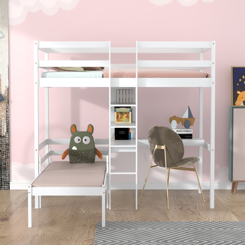 L-Shaped Bunk Bed with Desk and Shelves