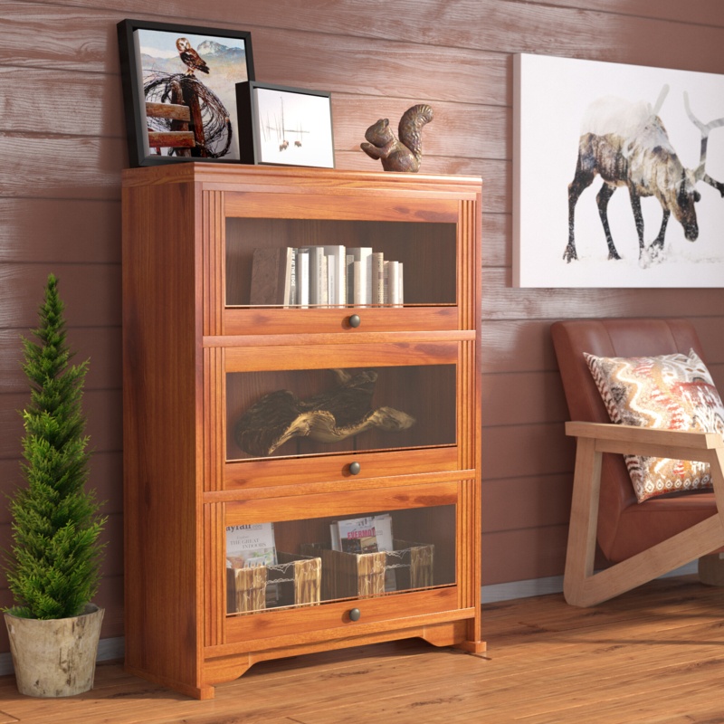 Oak Wood Bookcase with Glass Doors