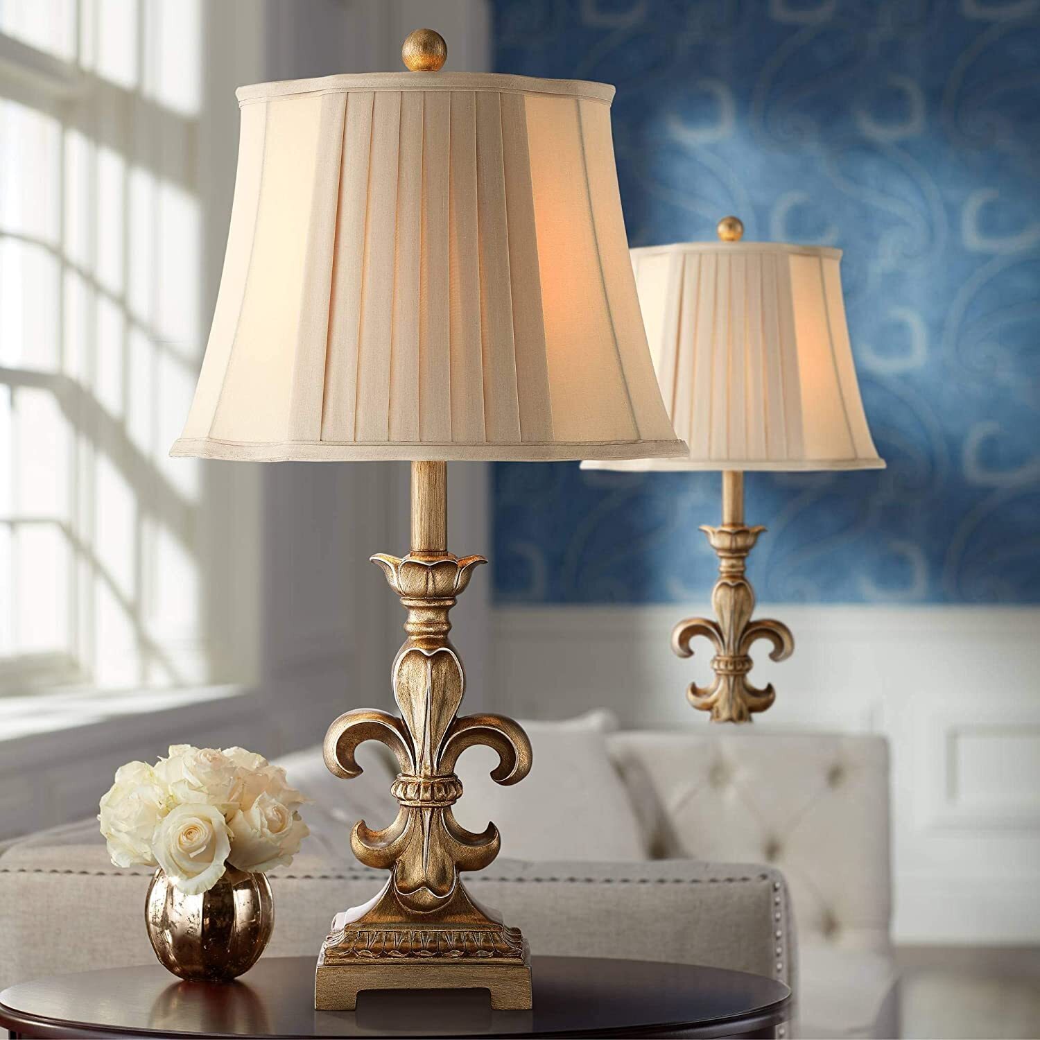 Gold Fleur De Lis Lamps With Pleated Shades