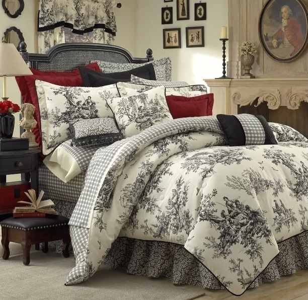 Gray and White Reversible Toile Bedspread with Floral and Plaid Sides