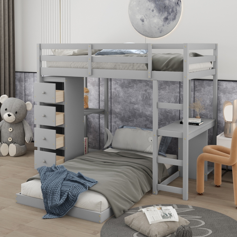 Twin-Size Bunk Bed with Drawers and Shelves