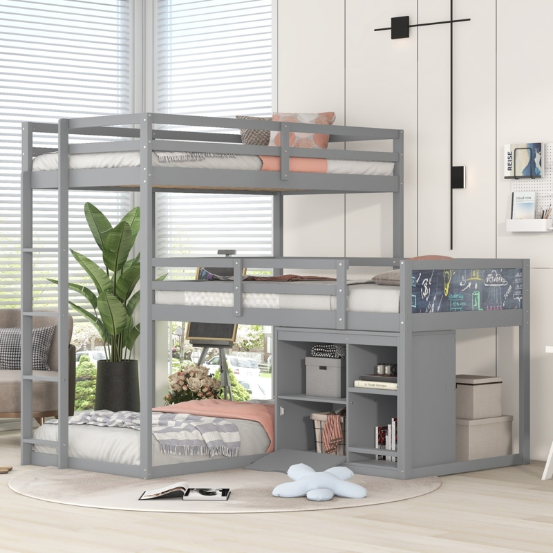 L-Shaped Triple Bunk Bed with Storage